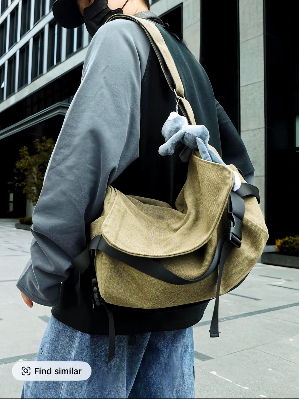 Casual Oversized slouchy Olive Green Canvas Messenger Bag with keychain